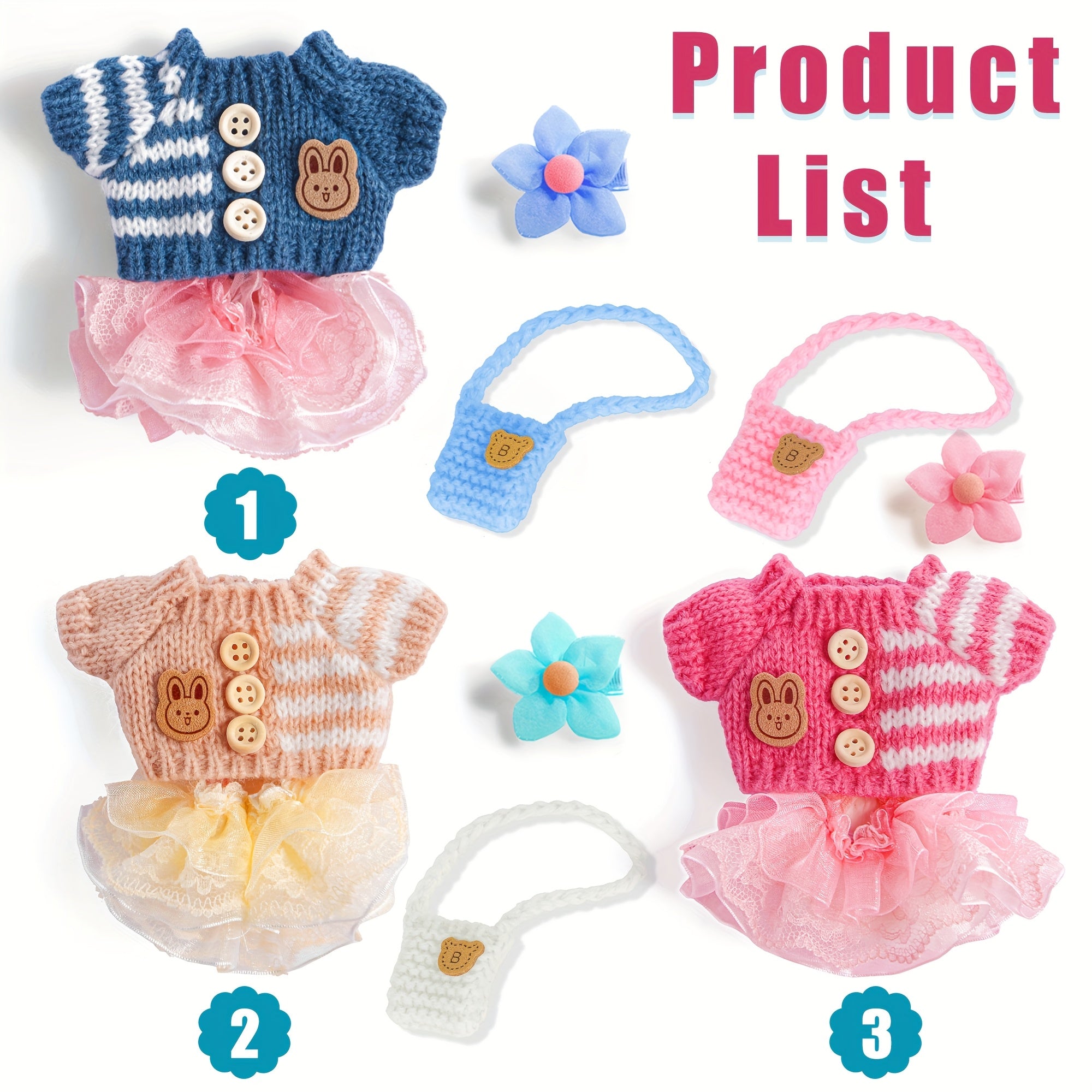 Labubu Doll Clothes 3 Sets for 17cm Plush Dolls – Knit Tops Bubble Tulle Skirts Floral Hair Clips & Bags Blue Beige Pink Complete Fashion Outfits Gift Ages 3+