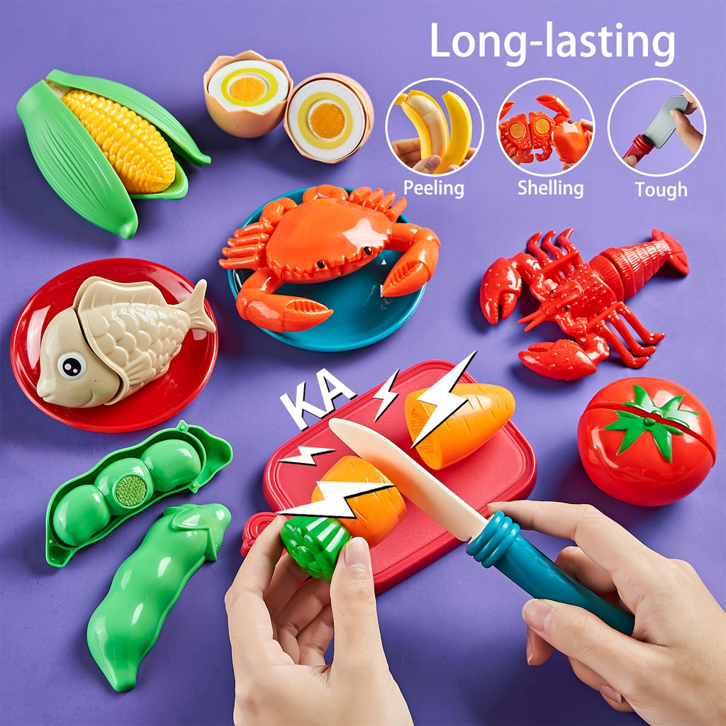 Pretend Cutting Food Playset for Toddlers – 78pcs Simulation Fruits, Seafood & Bakery Kitchen Role Play Toy with Portable Storage Bag, Educational Gift for Kids 18M+