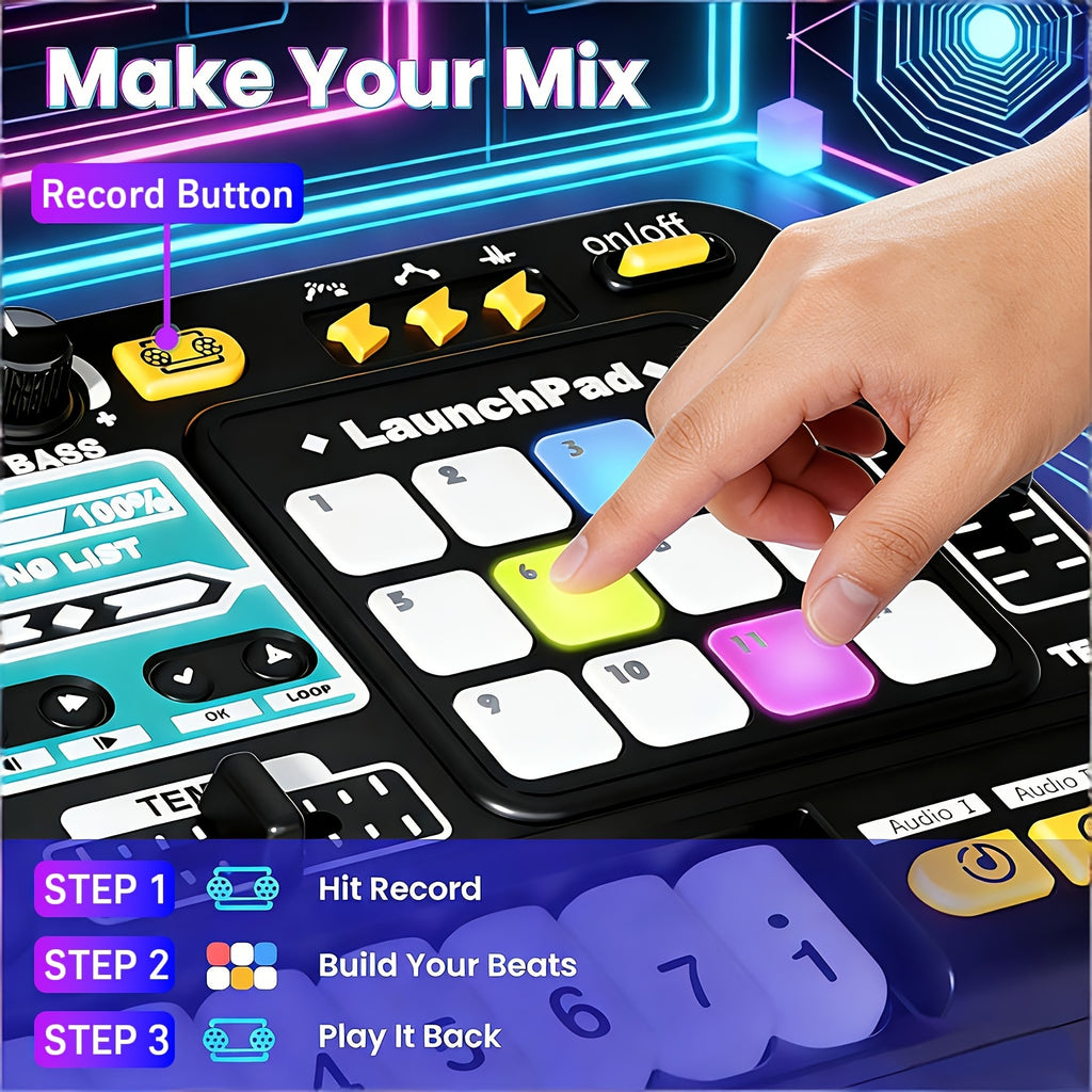Kids DJ Mixer Toy Set with LED Lights Microphone Piano Keys 100+ Sound Effects Rechargeable Interactive Music Controller for Boys Girls Birthday Gift