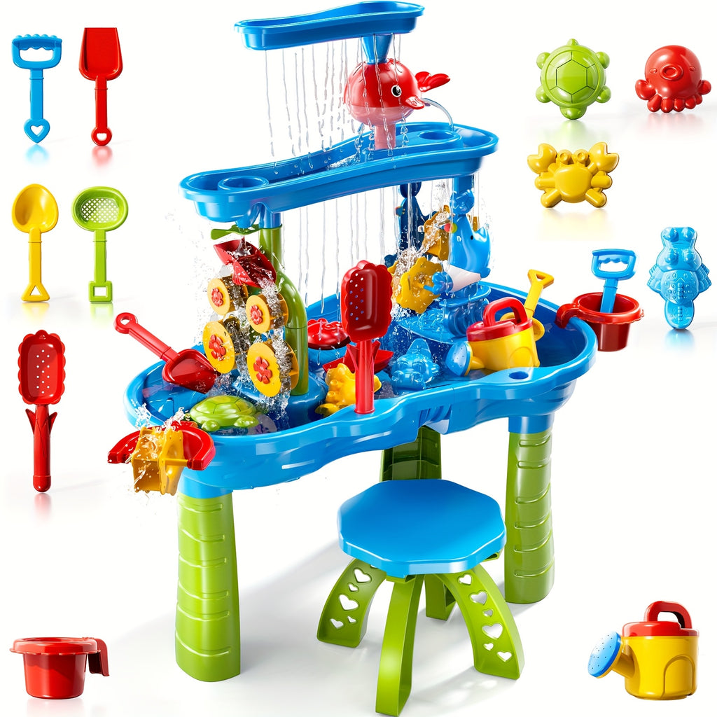 Sand & Water Table for Toddlers 3-Tier with Shovel Scoop Strainer – Outdoor Sensory Play Set for Kids Ages 2-6, Backyard Beach Patio Summer Activity