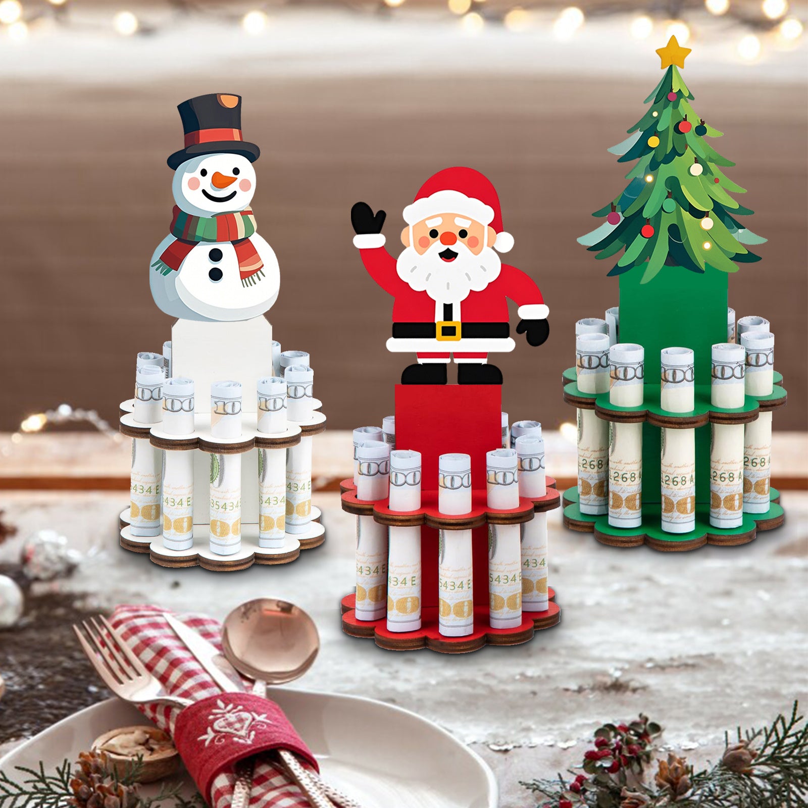 Christmas Money Holder Tree 3-Set Wooden Money Dispenser with 10 Holes – Xmas Ornament Table Decor for Holiday Party Favors Winter Gift Giving