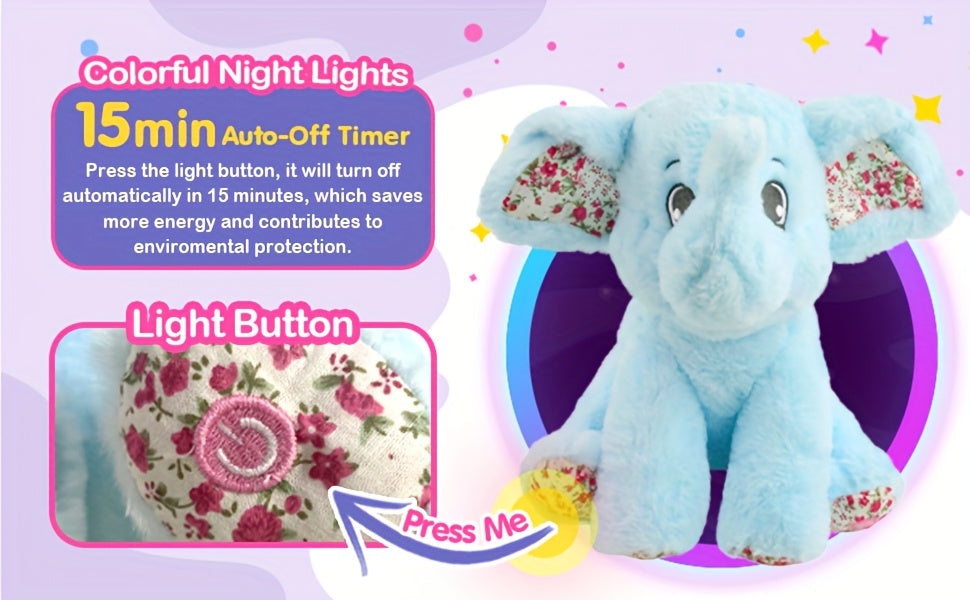 Musical Glowing Elephant Plush Toy with LED Light & Lullabies, Soft Stuffed Animal Nightlight Companion for Baby Toddler, Birthday Easter Gift for Kids