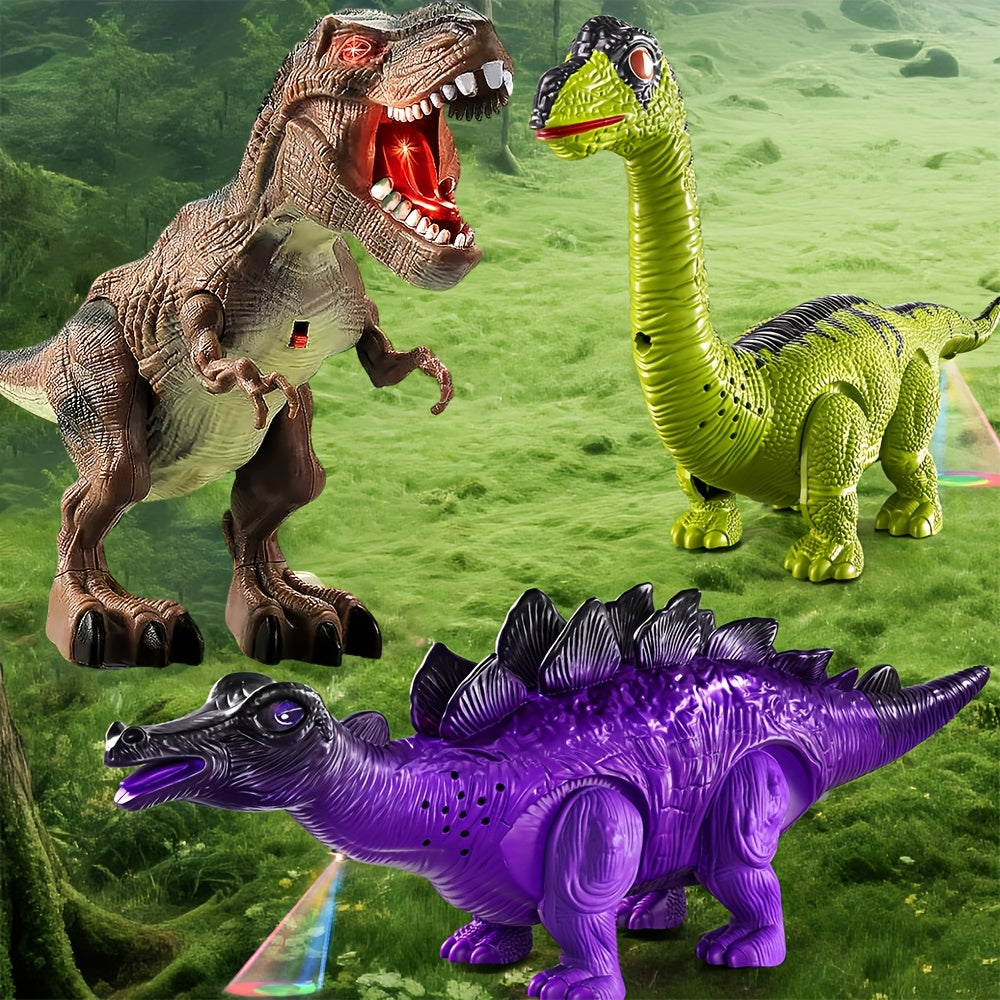 Electric Walking Dinosaur Toy Set 3-Pack with Sound & Light – T-Rex, Brachiosaurus & Stegosaurus Jurassic Dino Figures – Birthday & Christmas Gift for Boys Ages 3-7