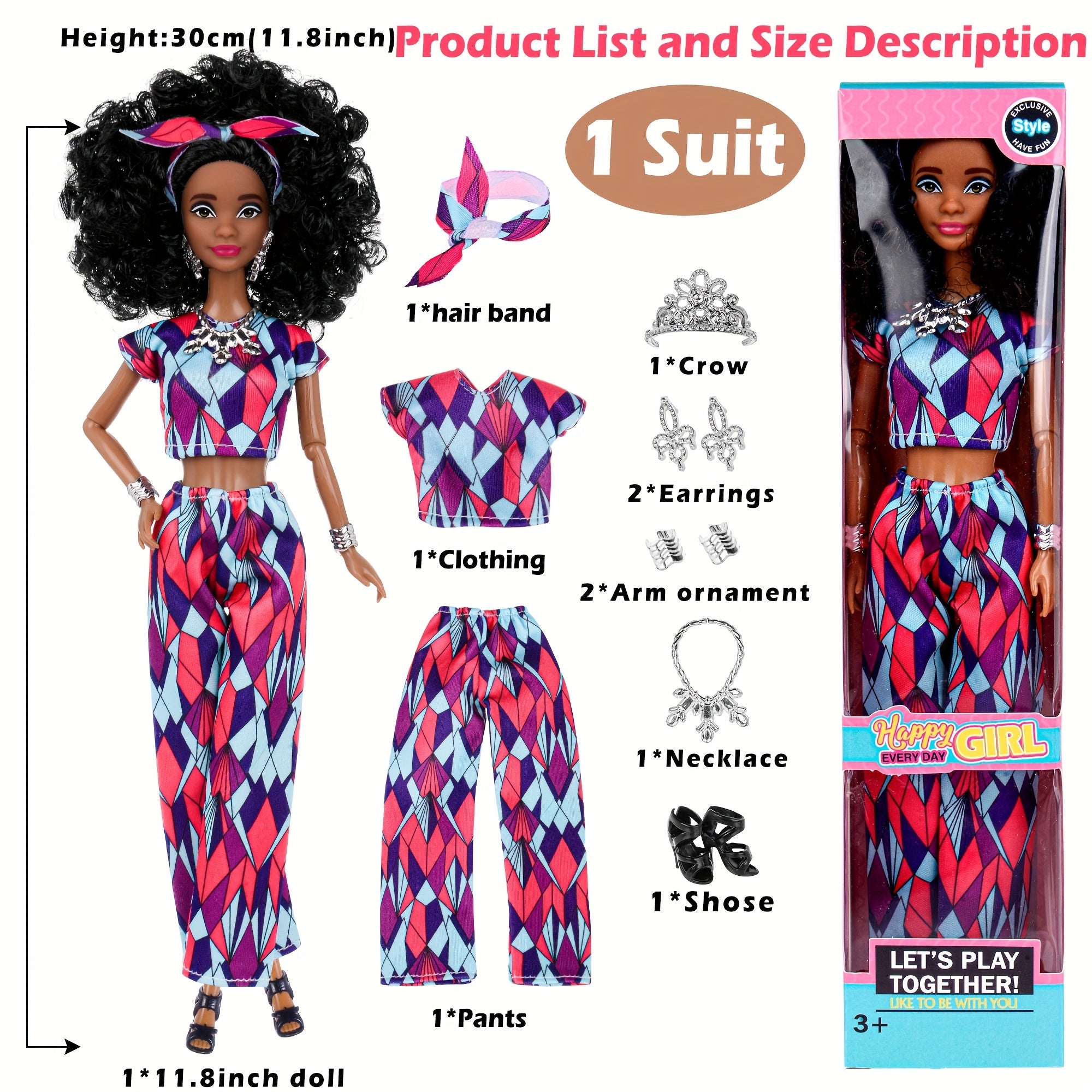 African American Curly Hair Fashion Dolls 6 Pack – 11.5 Inch Bohemian Style Dolls with Removable Outfits, Headscarf & Necklace, Diverse Doll Set Gift for Girls Ages 3+