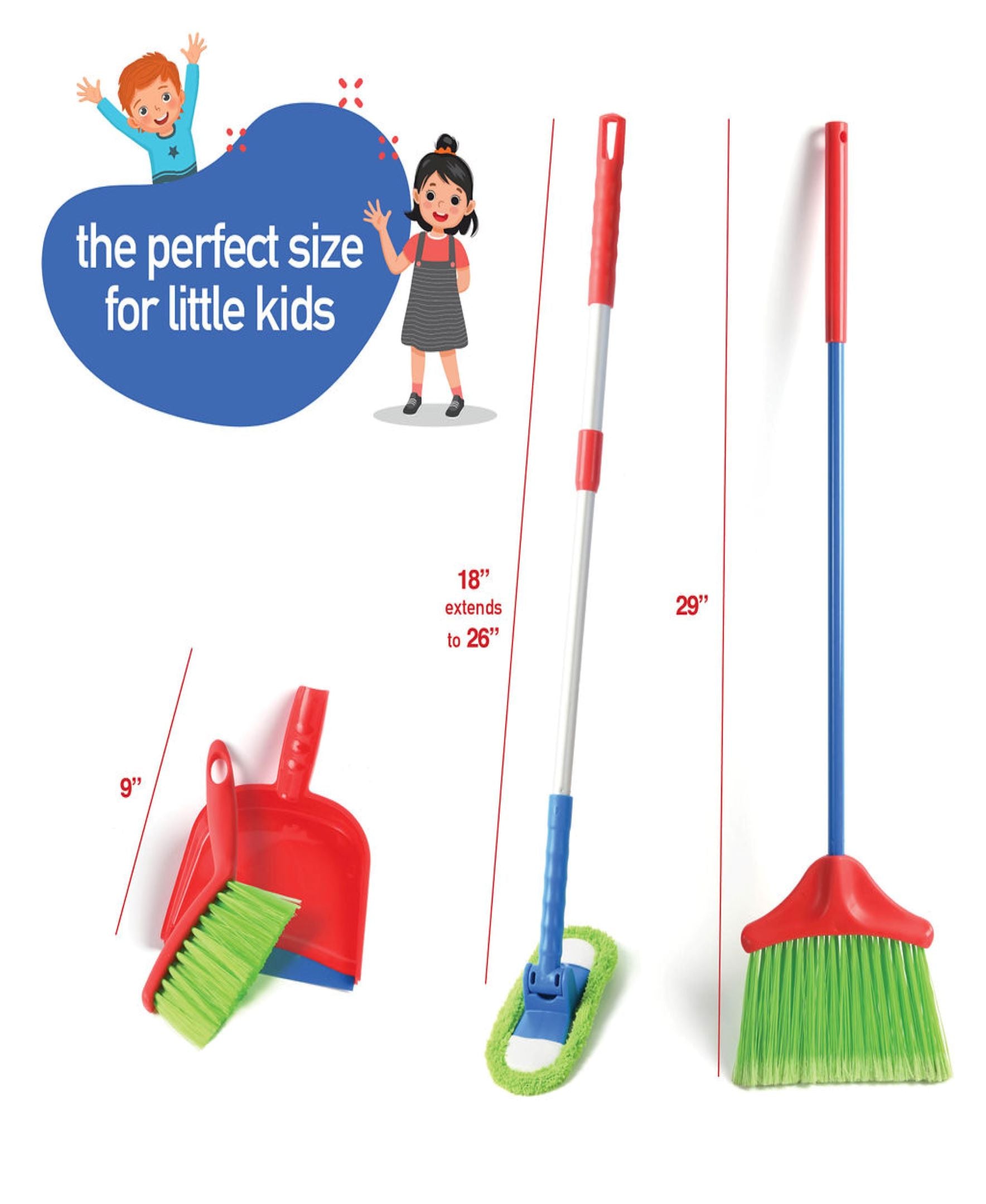 Kids Cleaning Set 4 Piece Toy Broom Mop Brush Dustpan Pretend Play Housekeeping Kit Toddler Girls Boys Birthday Christmas Gift Life Skills Toy