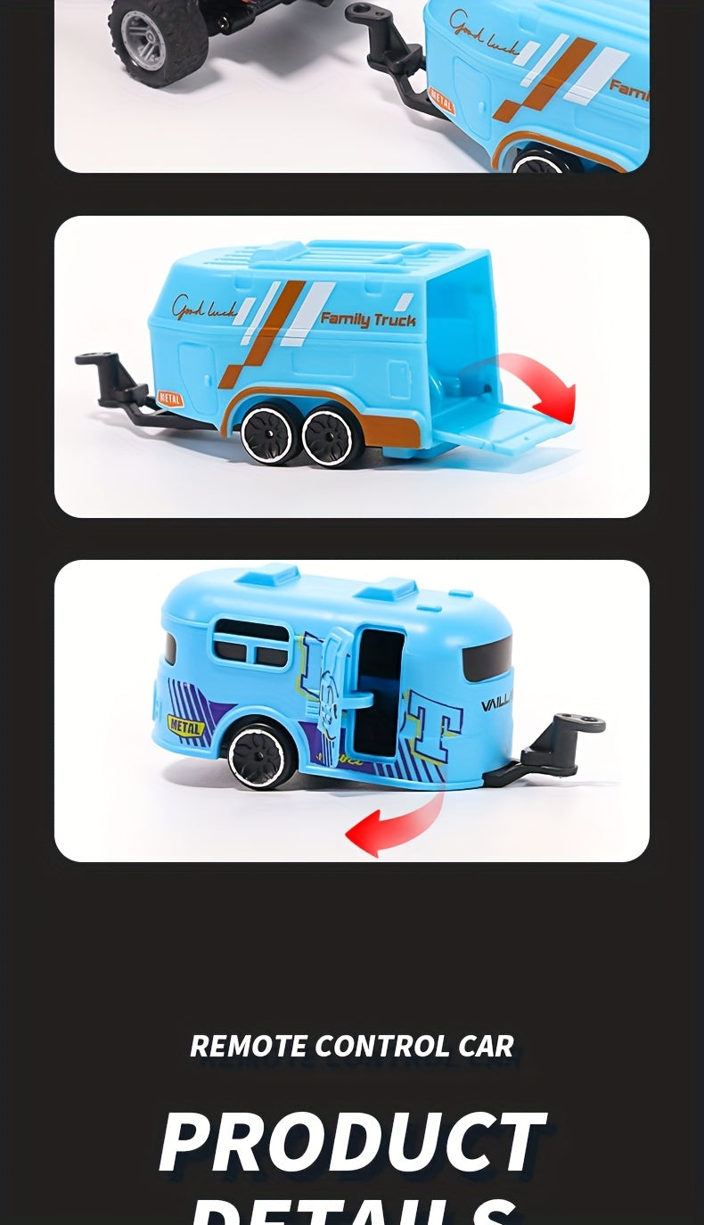1:64 Mini RC Alloy Monster Truck with Trailer - 2.4GHz Off-Road Pickup Rock Crawler, Body Lights & Headlights, Tabletop Decor, Birthday Christmas Gift for Boys