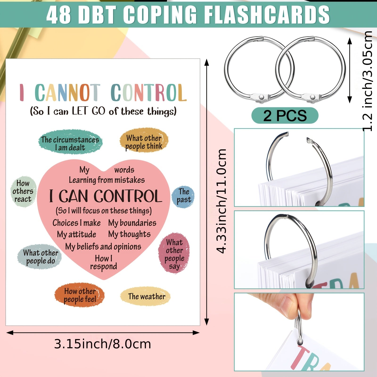 DBT Flashcards for Coping Skills – 48pcs Dialectical Behavior Therapy Cards with Binder Rings, Affirmations, Cognitive Distortions & Anxiety Management Tools for Therapists & Adults Ages 14+