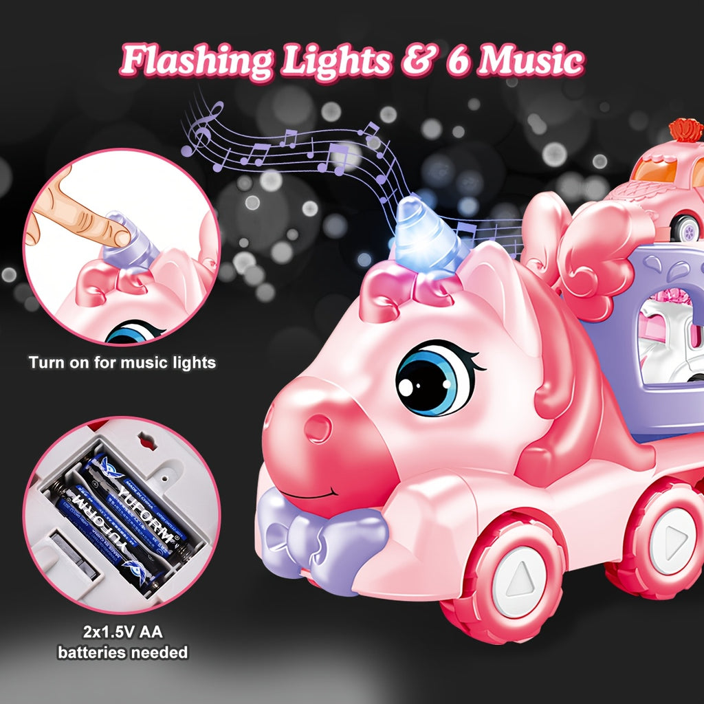 Pink Carrier Truck Toy with 4 Mini Cars Pull-Back Music Lights - Transport Vehicle Toy for Toddlers Ages 3+, Birthday Easter Gift for Boys & Girls