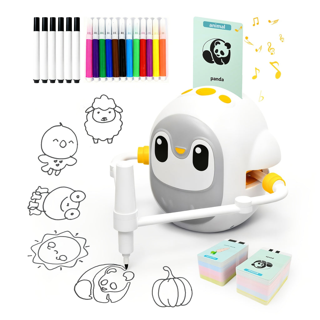 Drawing Robot for Kids with 200 Learning Cards & 12 Color Pens – Penguin Art Robot Toy, Interactive STEM Educational Drawing Toy for Boys Girls Ages 3+, USB Charging