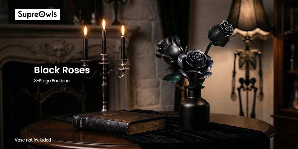 Gothic Black Rose Building Block Set 152pcs – 3 Artificial Flower Bouquet Bricks Art Piece, Unique Party Gift & Home Decor for Rose Lovers