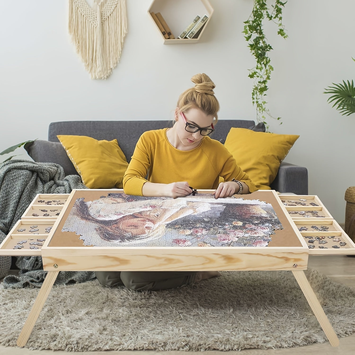Wooden Puzzle Table Folding Legs 4 Drawers 16 Sorting Grids Portable 1000 Piece Jigsaw Puzzle Board Storage Organizer for Adults Kids School Supplies Gift