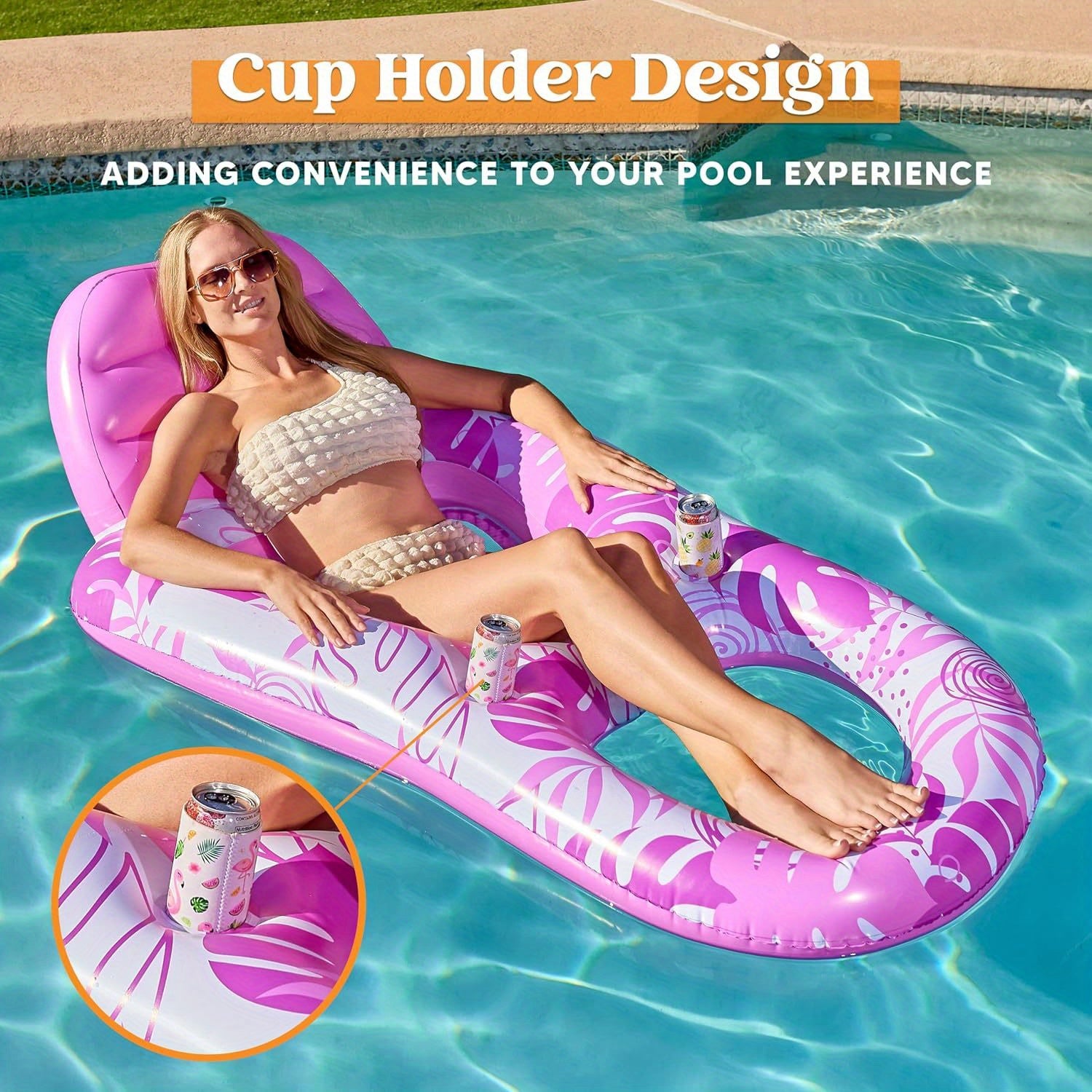 Inflatable Pool Float Lounger for Adults with Cup Holders & Footrest, Floating Recliner Chair Raft for Swimming Pool, Summer Water Party Relaxation Floaty