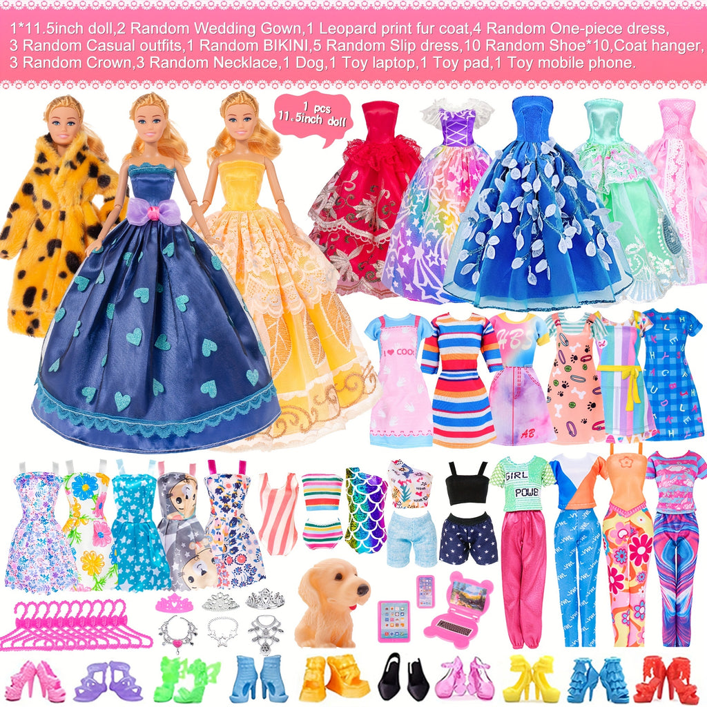 47pcs Fashion Doll Set 11.5 Inch with Fur Coat, Princess Gowns, Dresses, Shoes, Dog & Crowns – Complete Doll & Clothes Gift for Girls Ages 4-12, Mix & Match Wardrobe Included