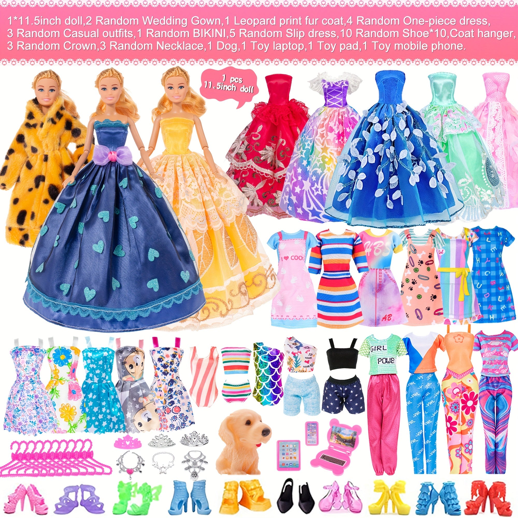 47pcs Fashion Doll Set 11.5 Inch with Fur Coat, Princess Gowns, Dresses, Shoes, Dog & Crowns – Complete Doll & Clothes Gift for Girls Ages 4-12, Mix & Match Wardrobe Included