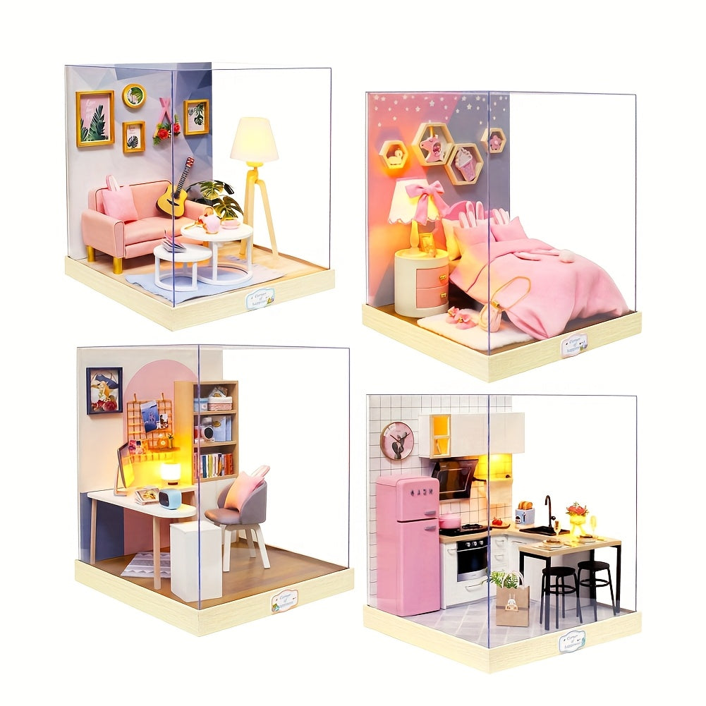 DIY Mini Dollhouse Puzzle Kit with Dust Cover – Small Miniature House Model No Glue Needed 4 Styles Tea Time Flavor Life Heartbeat Creativity Desktop Decor Gift Teens Ages 14+