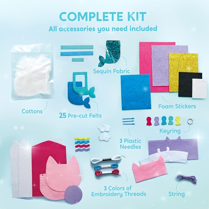Kids Felt Sewing Kit 6 Beginner Projects Mini Pillows Keychains Card Holders DIY Craft Gift for Girls Boys Ages 6 Plus Birthday Christmas