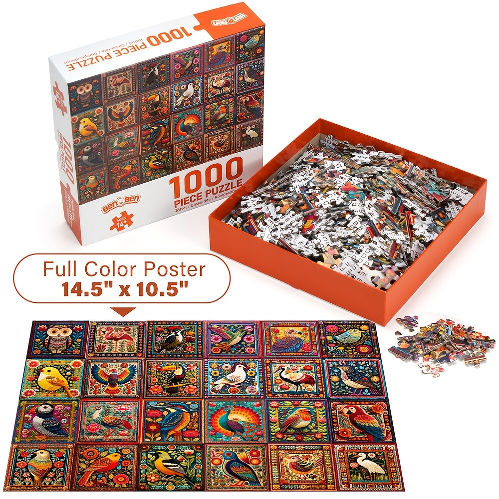1000-Piece Bird Crochet Jigsaw Puzzle for Adults Difficult Animal Puzzle with Letters on Back Family Game Night Home Decor Gift for Men Women Birthday Christmas
