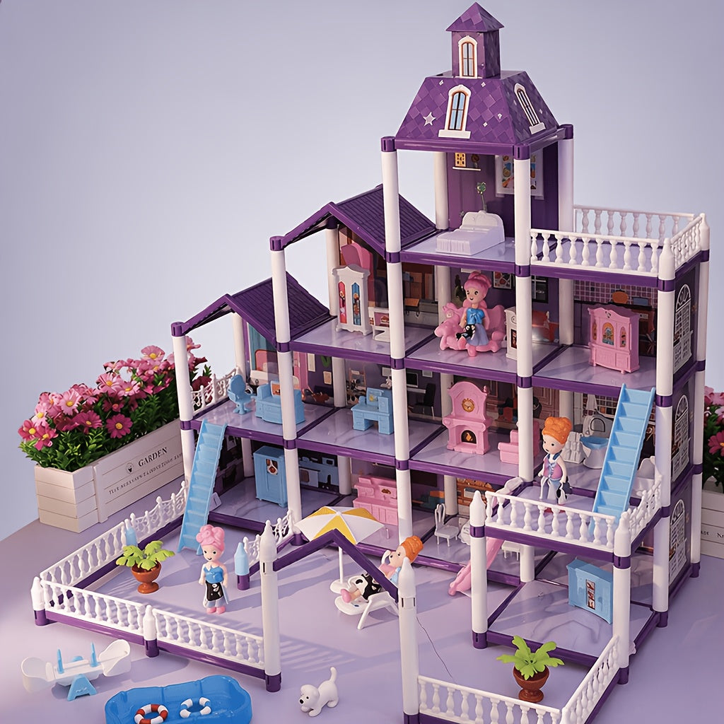 Dollhouse for Girls Ages 3-10 with Doll Figures Puppies Furniture Accessories LED Light - 6 to 16 Room Purple Playhouse, Imaginative Pretend Play Toy, Birthday Christmas Easter Gift for Girls