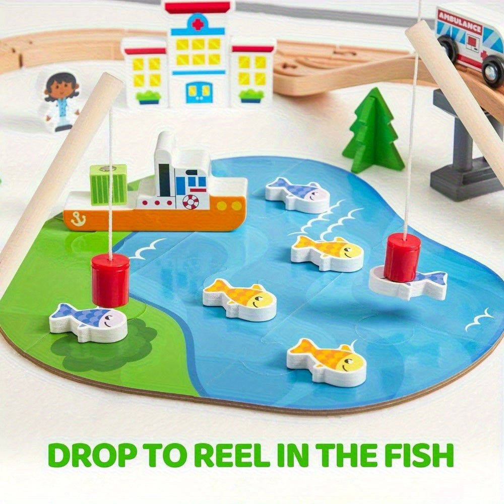 110pcs Wooden Train Set City Scene Railway – 6 Magnetic Trains, 7 City Themes, Helicopter, Ship & Vehicles, Compatible with All Brands, Birthday Christmas Gift for Kids