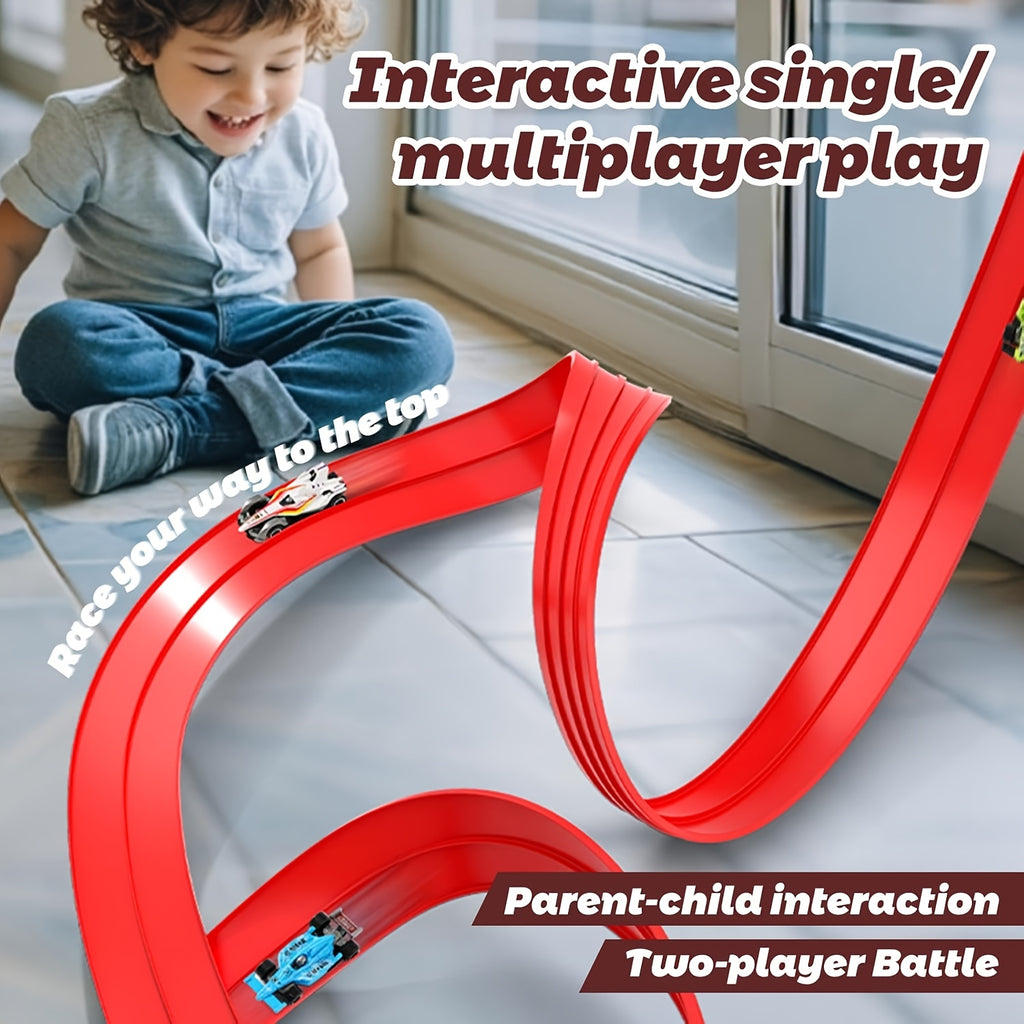 Flexible Toy Car Track Set 15ft with 4 Diecast Cars - Roll Up Race Track for Kids with Bumps Jumps Tunnels Loops, Attaches to Windows & Doors, Drop-Resistant Metal Cars, Racing Gift for Boys