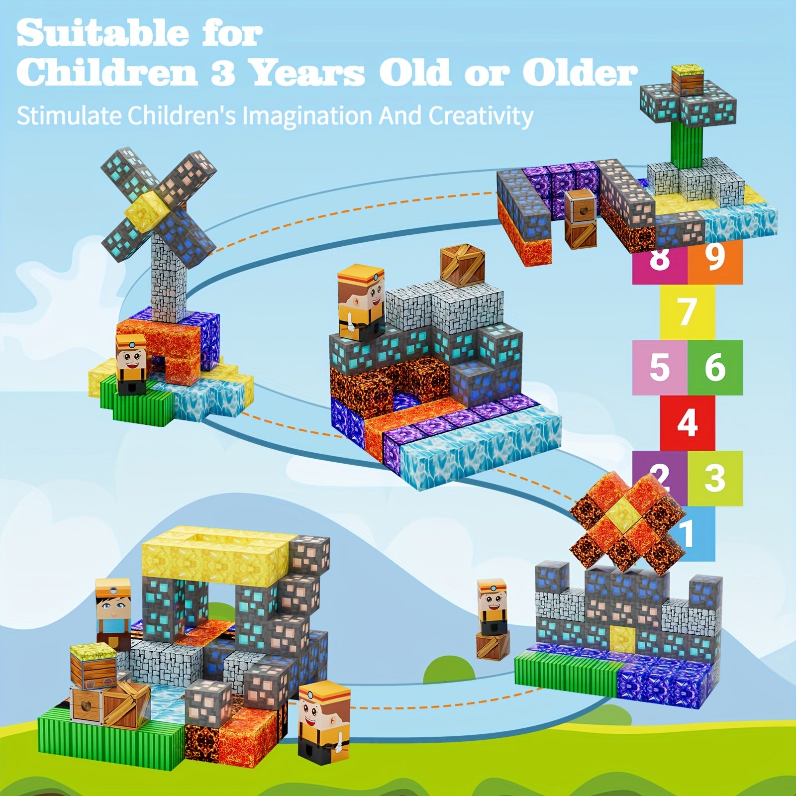 Juangu Kids Magnetic Tiles STEM Building Blocks 56 & 85 Piece Sets – Magnetic Blocks for Ages 3-10, Center of the Earth & Random Pattern Options, Birthday Halloween Christmas Gift for Boys & Girls