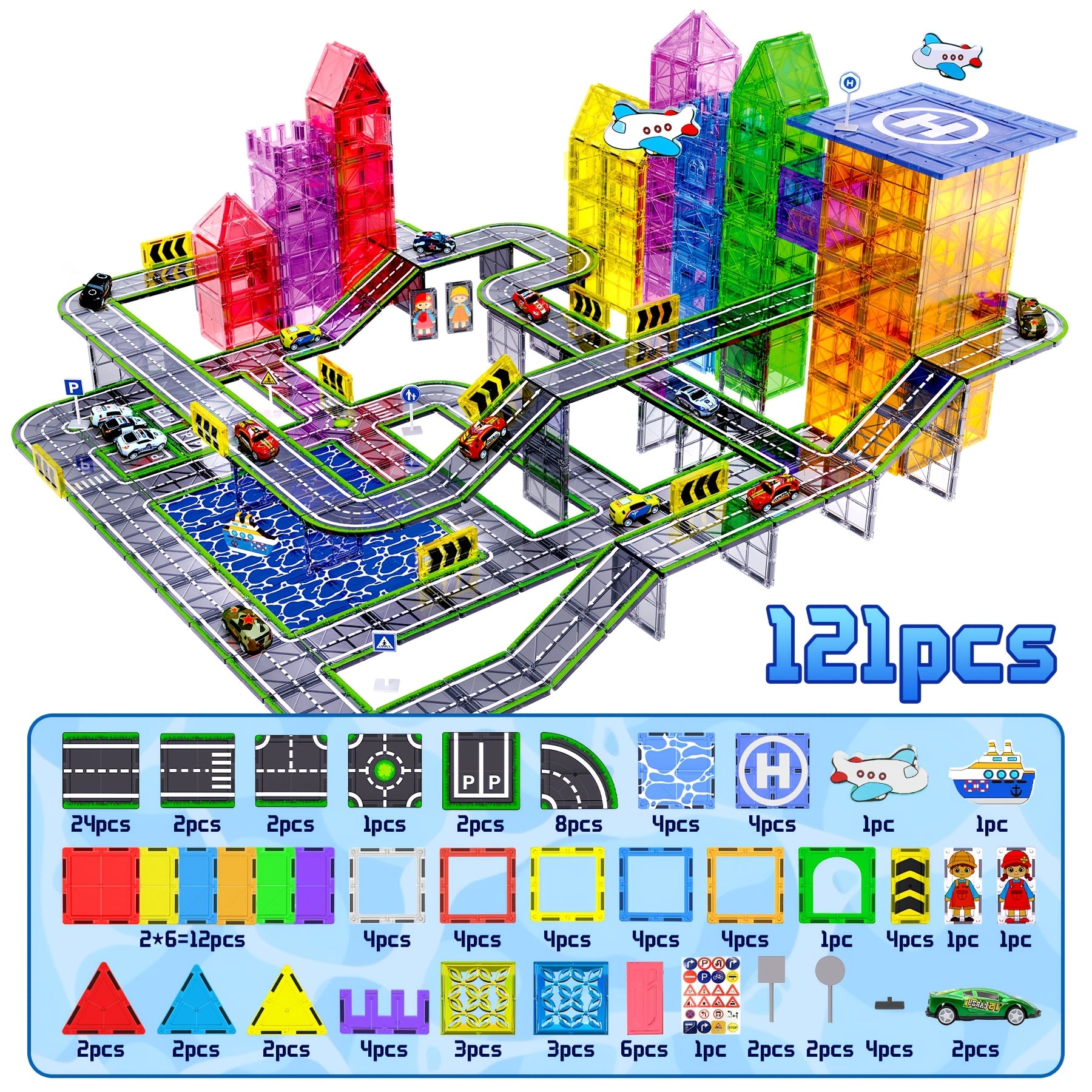 Magnetic Track Set for Small Cars 44 48 121pcs STEM Educational Building Blocks Road Layout Toy for Boys Girls Ages 3+ Birthday Christmas Gift