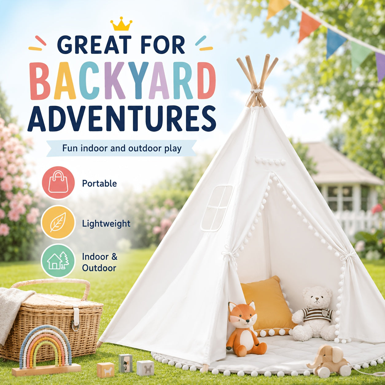 Kids Teepee Tent for Girls Boys, Indoor Outdoor Play Tent with Washable Fabric, Nordic Princess Conical Playhouse for Bedroom Backyard, Birthday Christmas Gift Ages 3+ (No Padding)