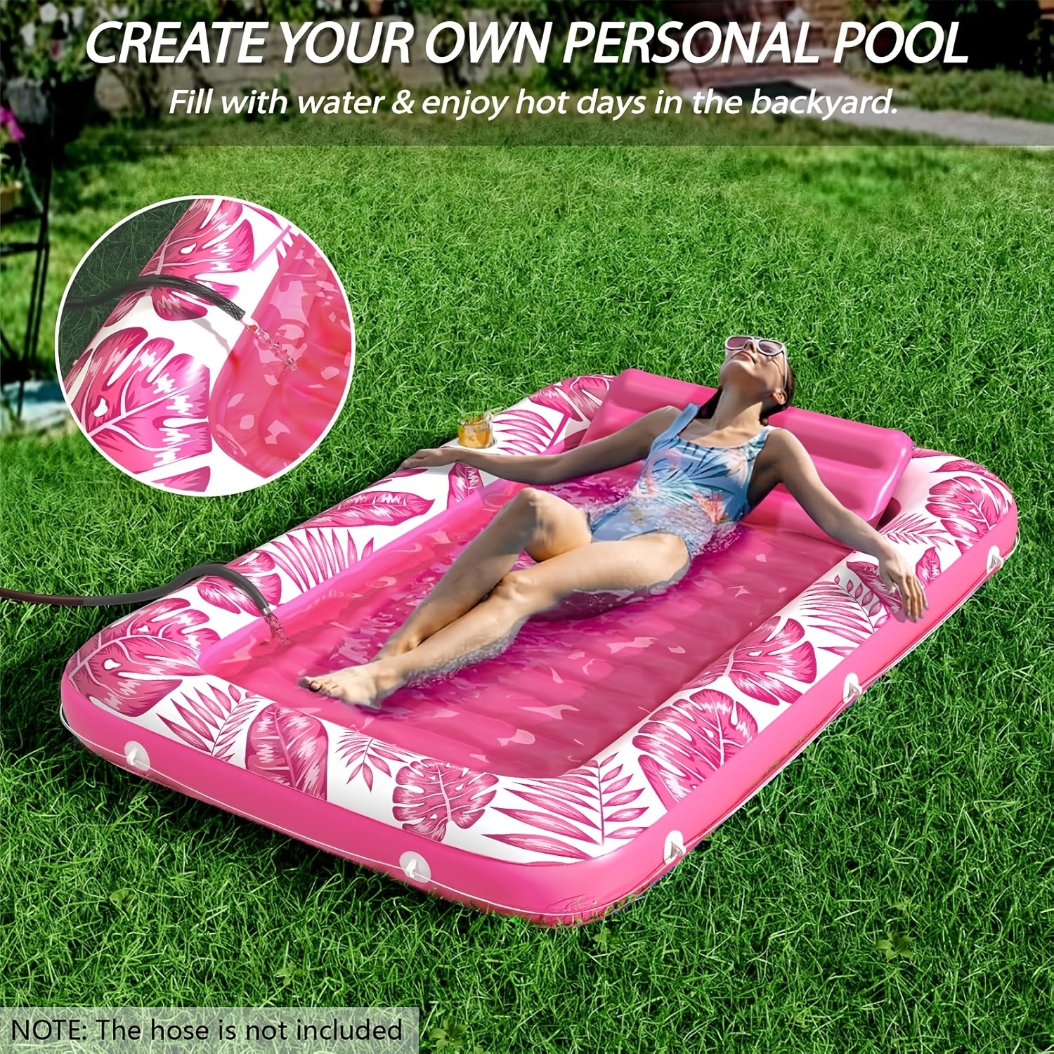 Inflatable Tanning Pool Lounger Float – 4-in-1 Sun Tan Tub Pool Float Raft with Water Fill, Pillow & Cup Holder, Sunbathing Lounge Mat for Adults, Large