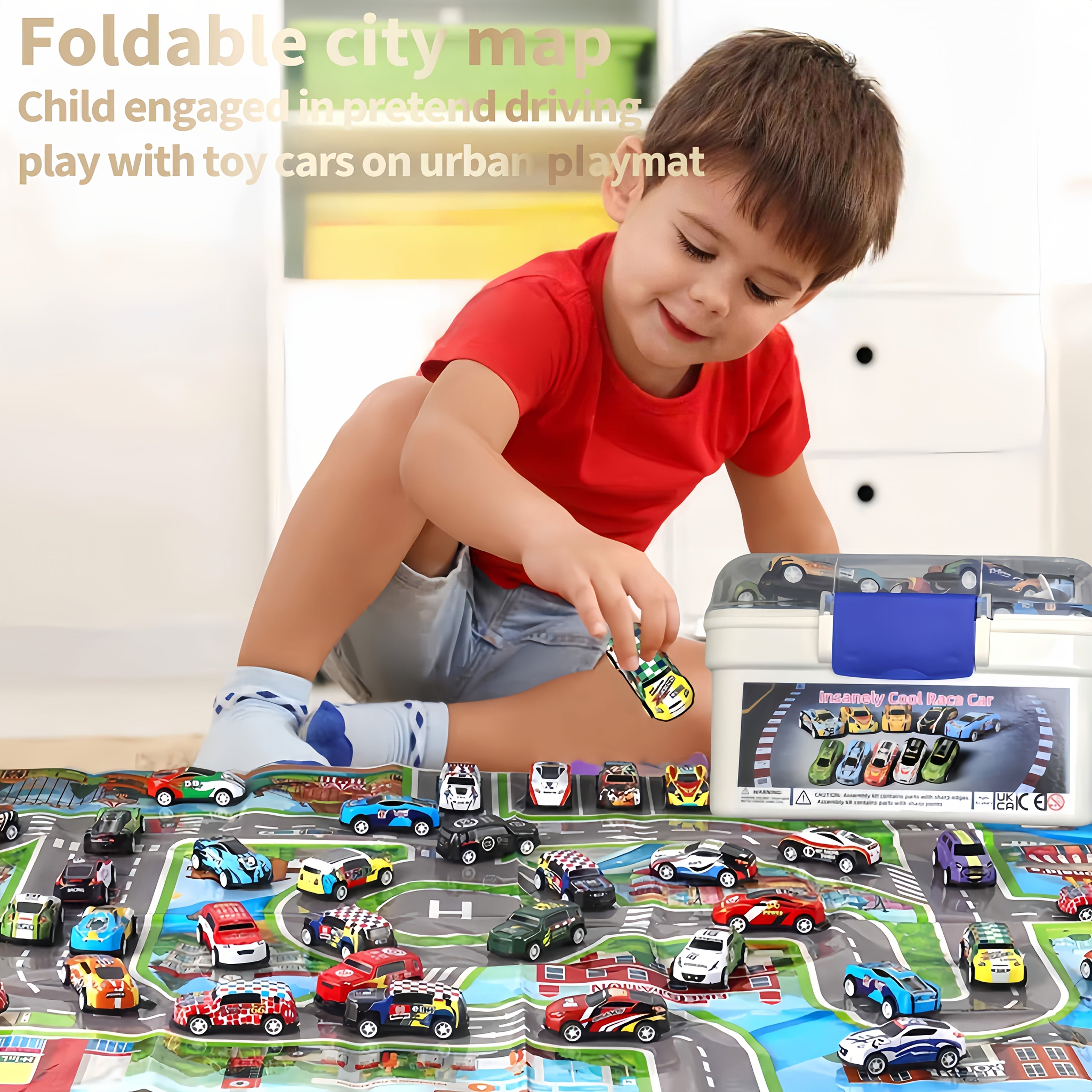 Pull Back Cars 60pcs Mini Race Car Set with Storage Box Foldable City Play Mat Traffic Signs - No Battery Tin Toy Gift for Boys Girls Ages 3+