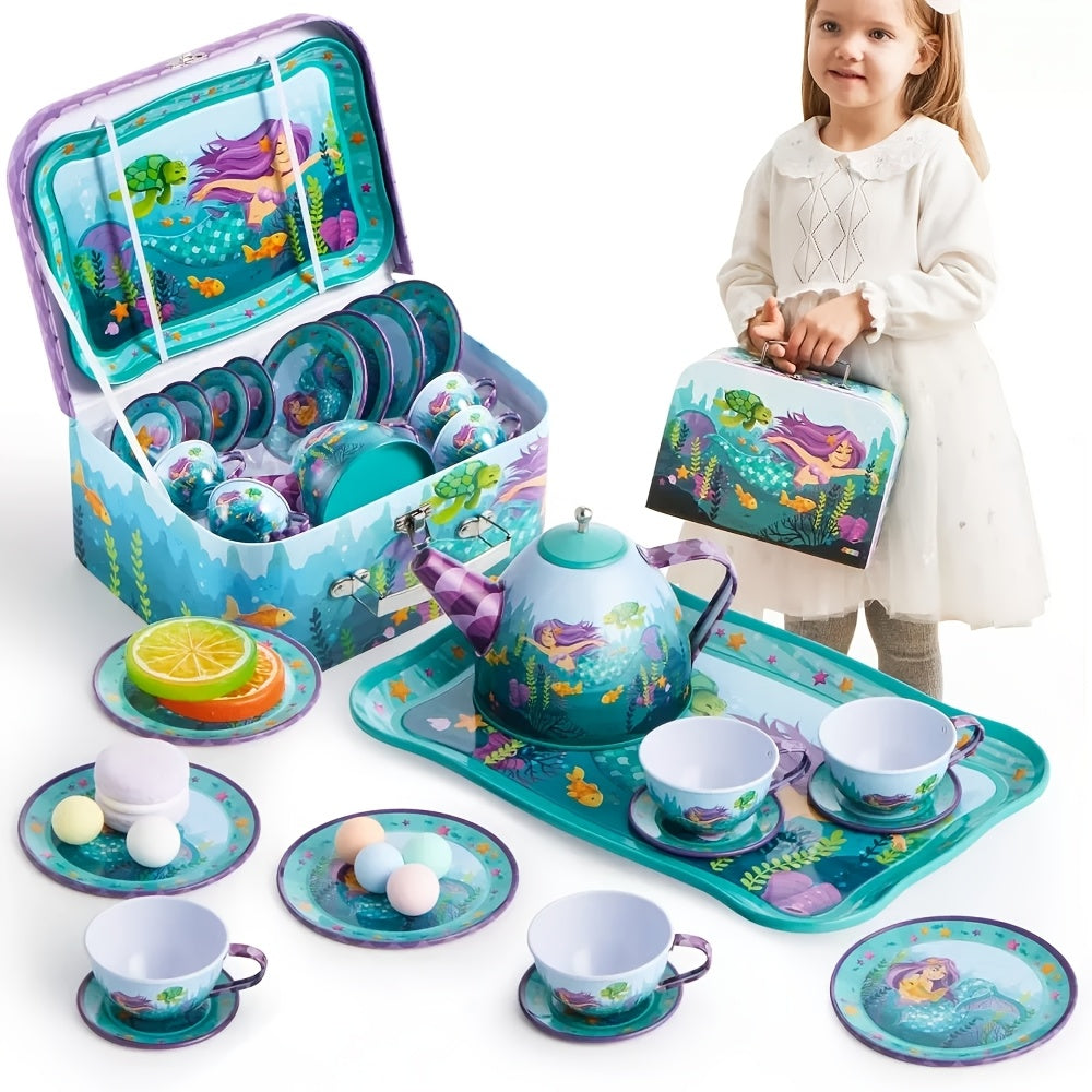 Mermaid Tea Party Set for Girls 14-Piece Tin Teapot Cups Plates Carrying Case Princess Pretend Play Kitchen Toy Kids Age 3+ Christmas Birthday Gift