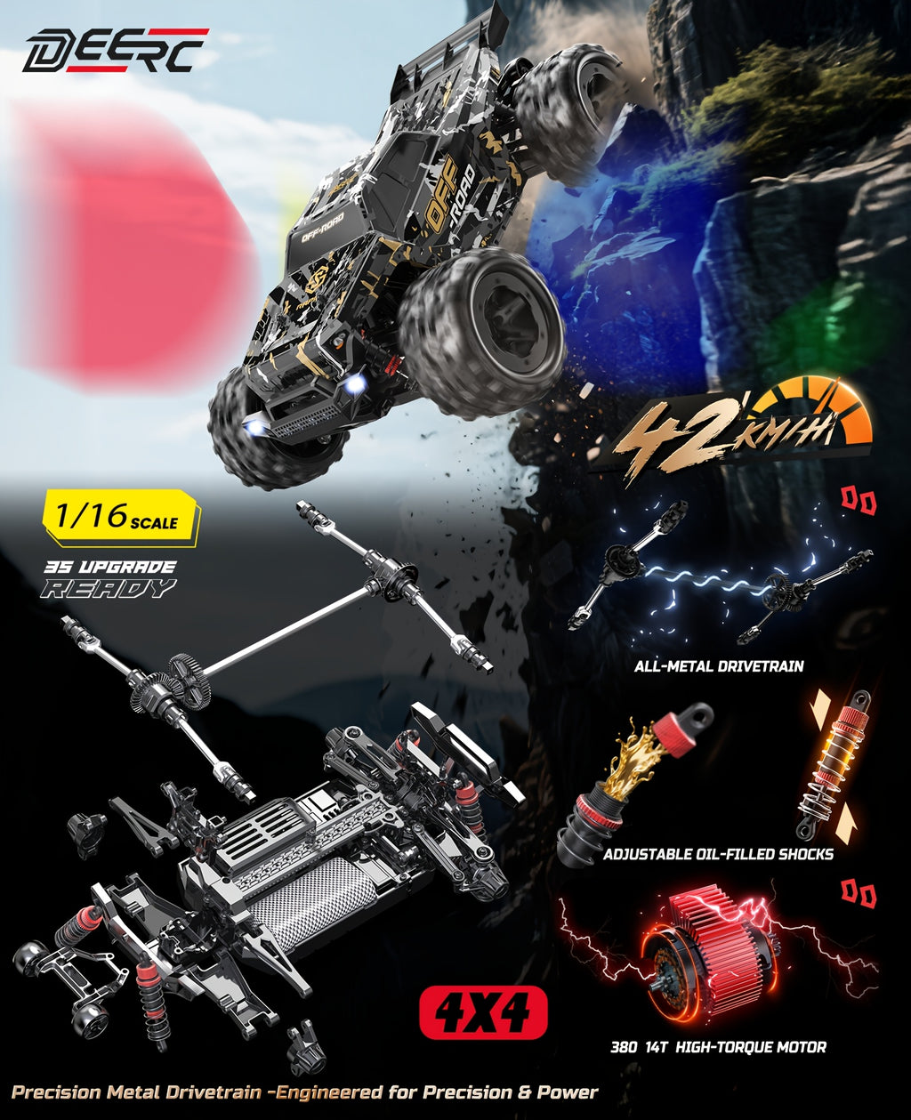 1/16 All-Metal 4WD RC Monster Truck 42KM/H High Speed Off-Road Remote Control Car with Dual Batteries LED Lights Wheelie Bar - Fast RC Truck for Adults Collectors 2.4GHz