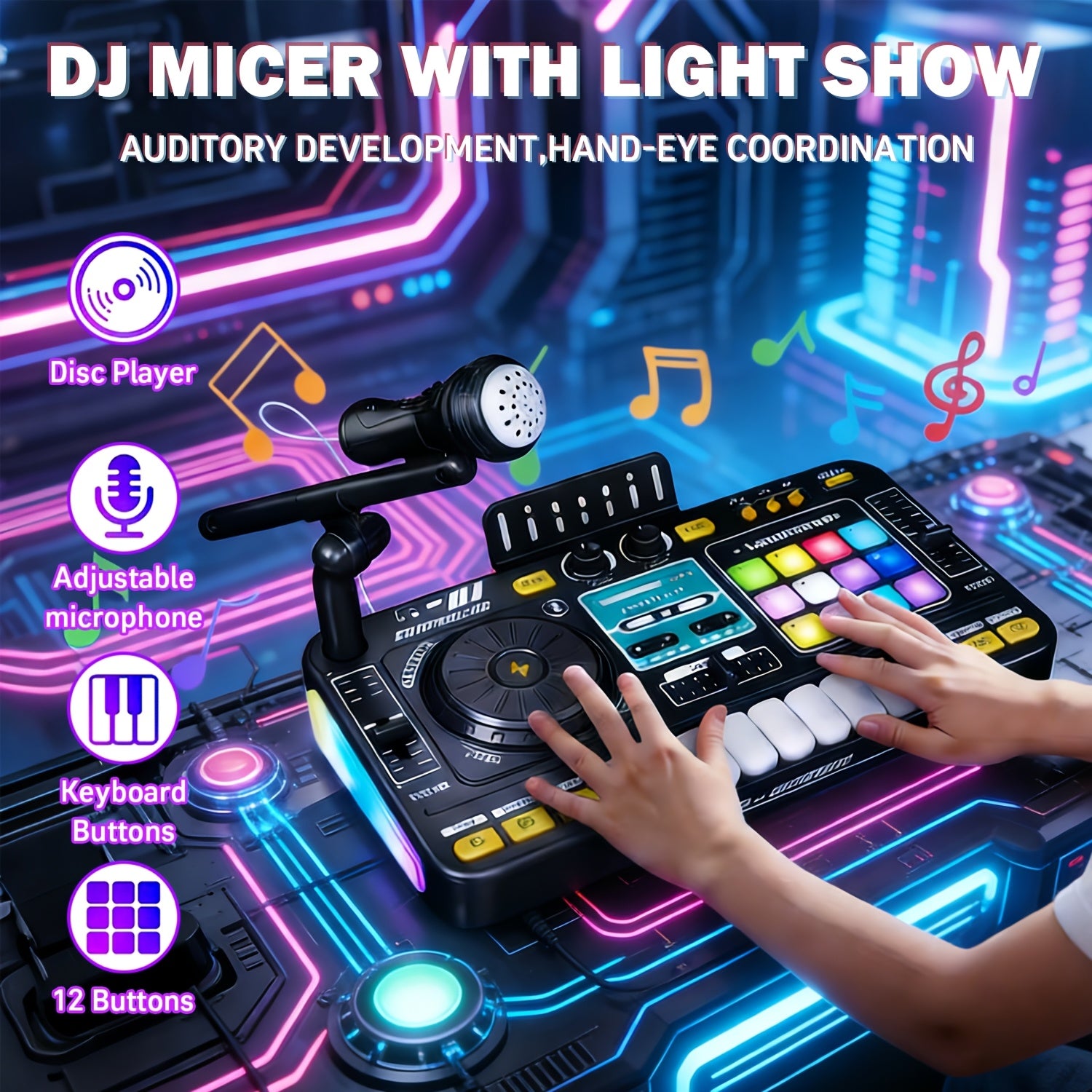 Kids DJ Mixer Toy Set with LED Lights Microphone Piano Keys 100+ Sound Effects Rechargeable Interactive Music Controller for Boys Girls Birthday Gift