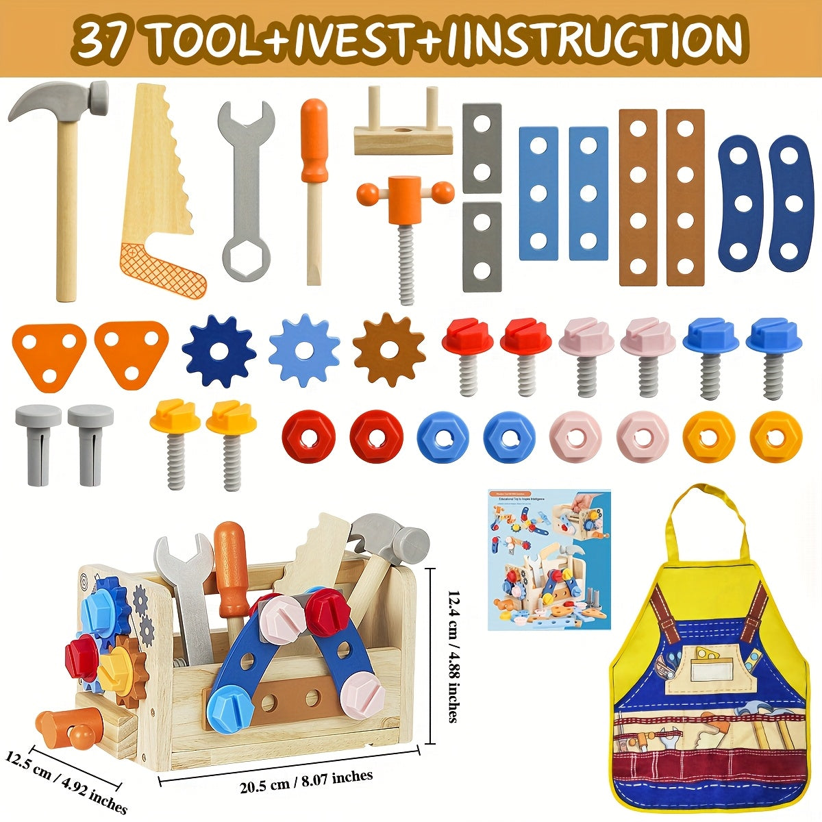 Kids Wooden Tool Set 39pcs STEM Pretend Play Construction Toy with Toolbox & Vest Boys Girls Ages 3+ Birthday Gift