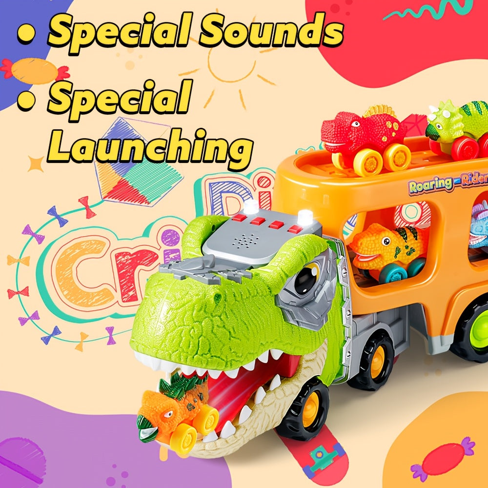 Dinosaur Car Carrier Truck Toy for Kids with 6 Rubber Dino Vehicles, Sliding Ramp, Music & LED Lights – 2-Level Storage, Birthday Christmas Gift for Boys & Girls Ages 3+