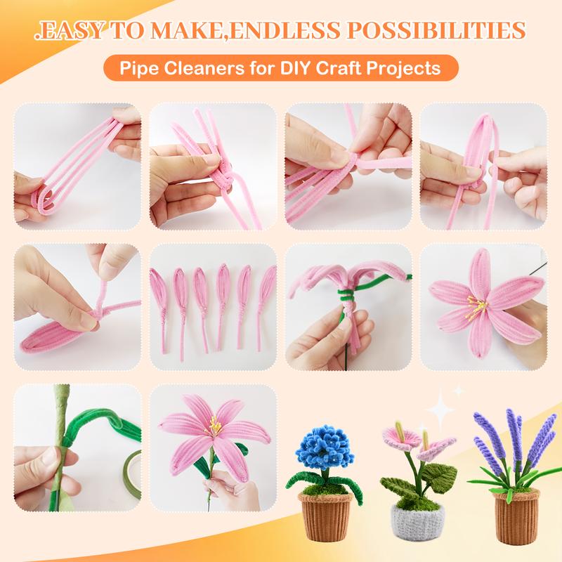 Pipe Cleaners Bulk for Crafts, 12-Inch Chenille Stems with 24-Color 1200-Piece Option, DIY Flower Bouquet Kits & Accessories