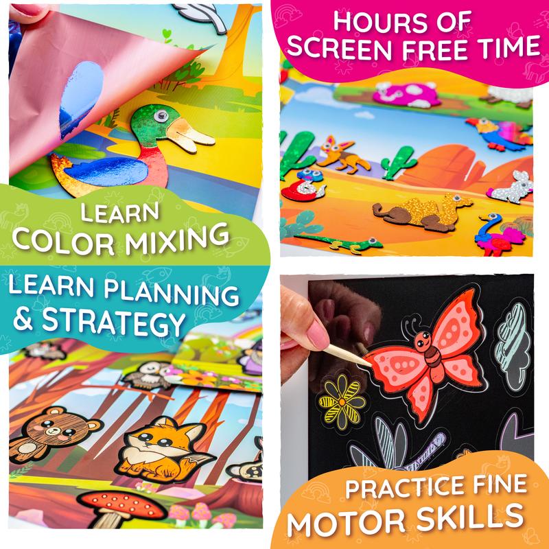 Foil and Scratch Art Kit for Kids Ages 4-10 by Craftikit, Peel-and-Press Paper Crafts with Stickers for Screen-Free Travel Activities and Birthday Gifts