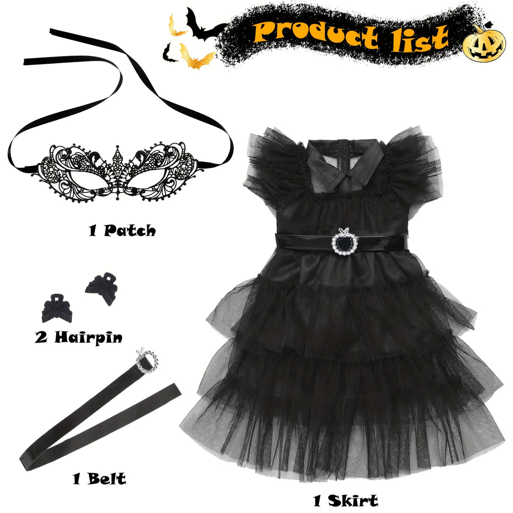 Doll Halloween Costume 18 Inch – Black Tulle Cake Dress with Bow Hair Clip Movie-Inspired Party Outfit for 16-18 Inch Girl Dolls No Doll Gift for Kids