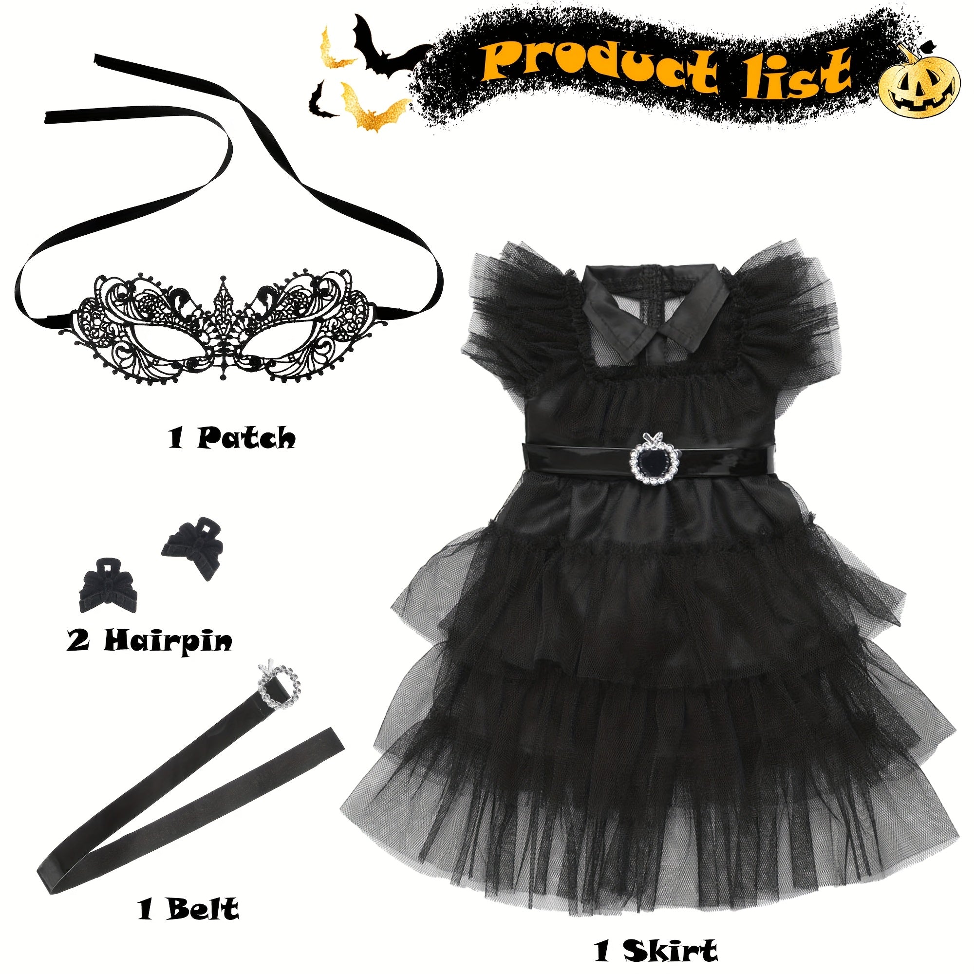 Doll Halloween Costume 18 Inch – Black Tulle Cake Dress with Bow Hair Clip Movie-Inspired Party Outfit for 16-18 Inch Girl Dolls No Doll Gift for Kids