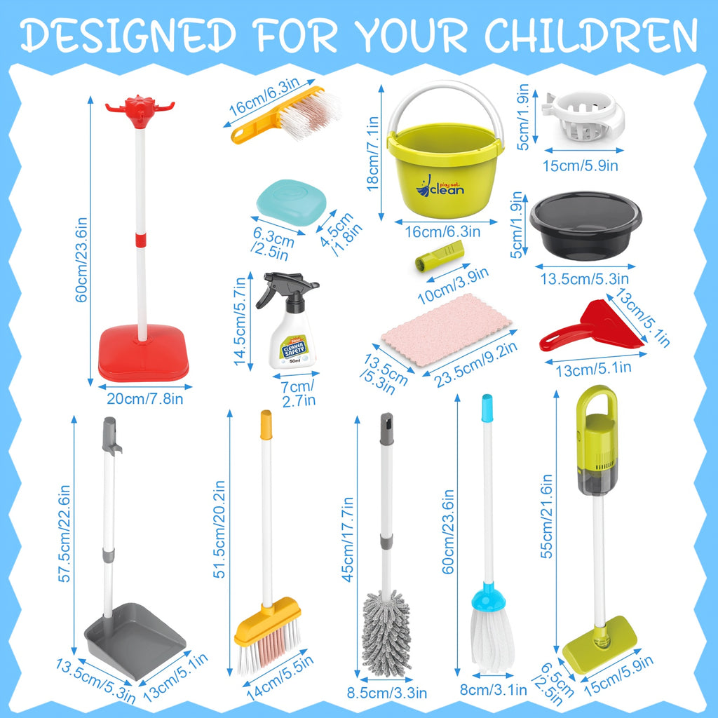 Kids Pretend Play Cleaning Toy Set with Electric Vacuum Cleaner Broom Dustpan Mop & Duster – Home Cleaning Playset for Toddlers Boys & Girls Birthday Gift