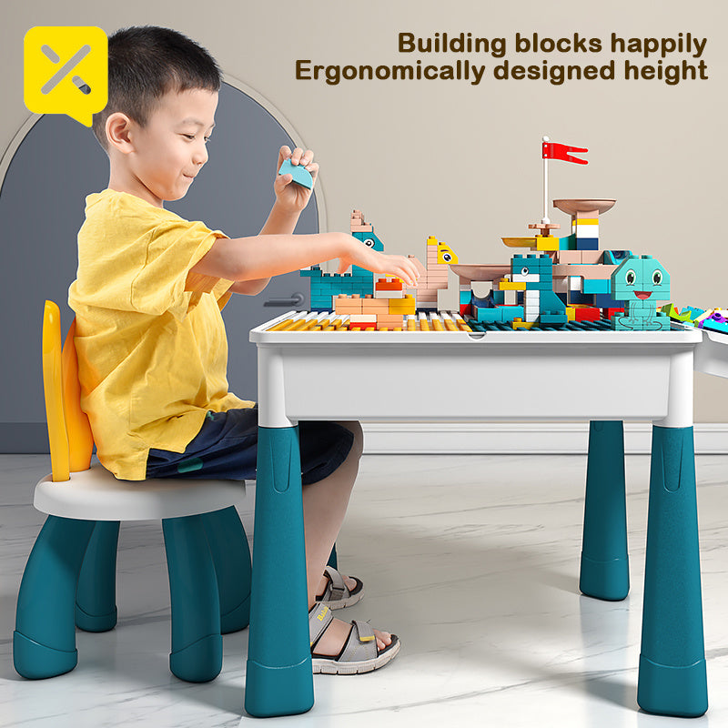 Kids Activity Table with Building Blocks All-in-One Toddler Play Table – Space-Saving Corner Design Durable ABS Plastic, Multifunctional Learning Desk Gift for Boys Girls Ages 1-6 Christmas Birthday
