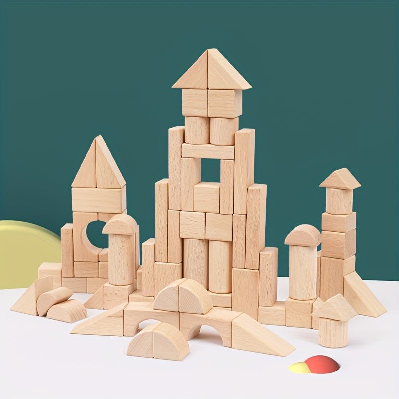 Wooden Building Blocks for Kids 100 Piece Solid Beech Wood Set – Unpainted Natural Stacking Blocks Ages 3-12, STEM Logical Thinking Educational Toy, Montessori Castle Puzzle Gift Boys Girls