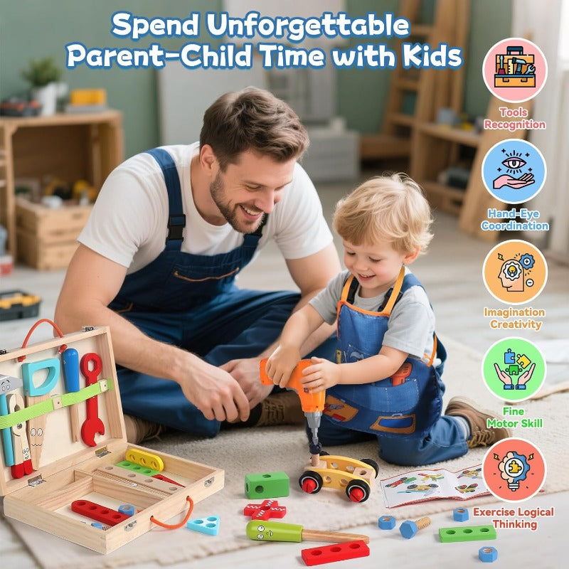 Wooden Kids Tool Set 44 Pcs with Electric Drill Apron Storage Box Educational Toy for Boys Girls Ages 3 and Up Hands-On Skills Birthday Christmas Gift