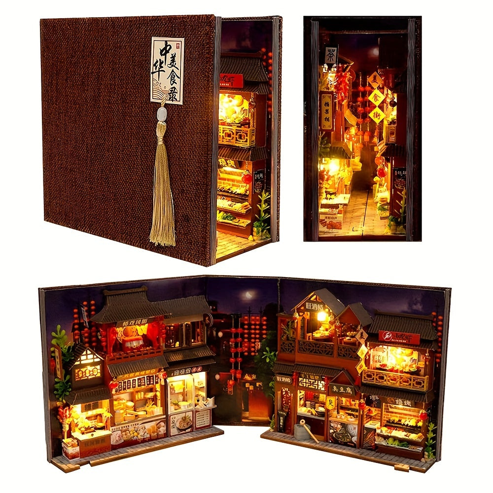 Book Nook Kit DIY Miniature Chinese Food Street – 3D Wooden Puzzle Bookshelf Insert Dollhouse Home Decor Gift for Teens Adults Birthday Christmas No Glue No Battery