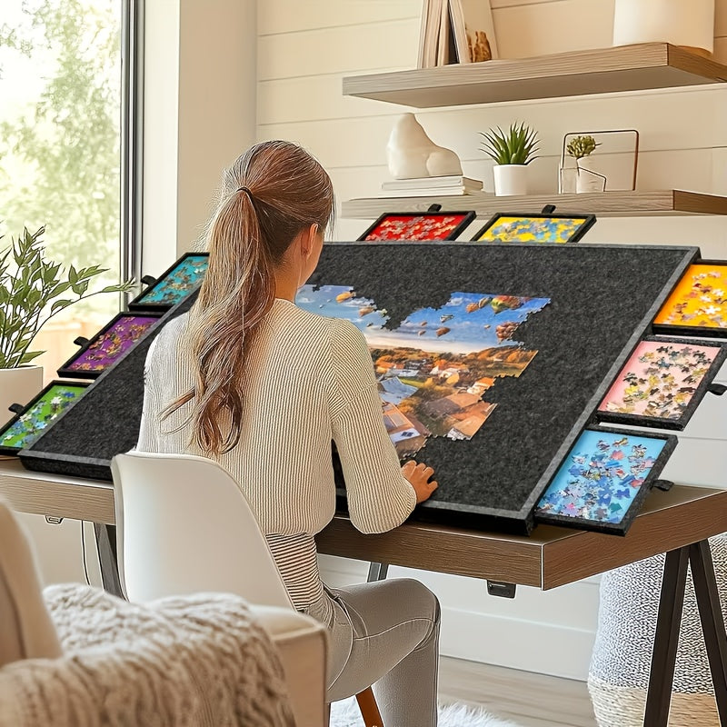 Felt Puzzle Board with 6 Colored Drawers & Tilting Stand – Portable 1000 & 1500 Piece Puzzle Table with 2-in-1 Bracket Cover for Adults