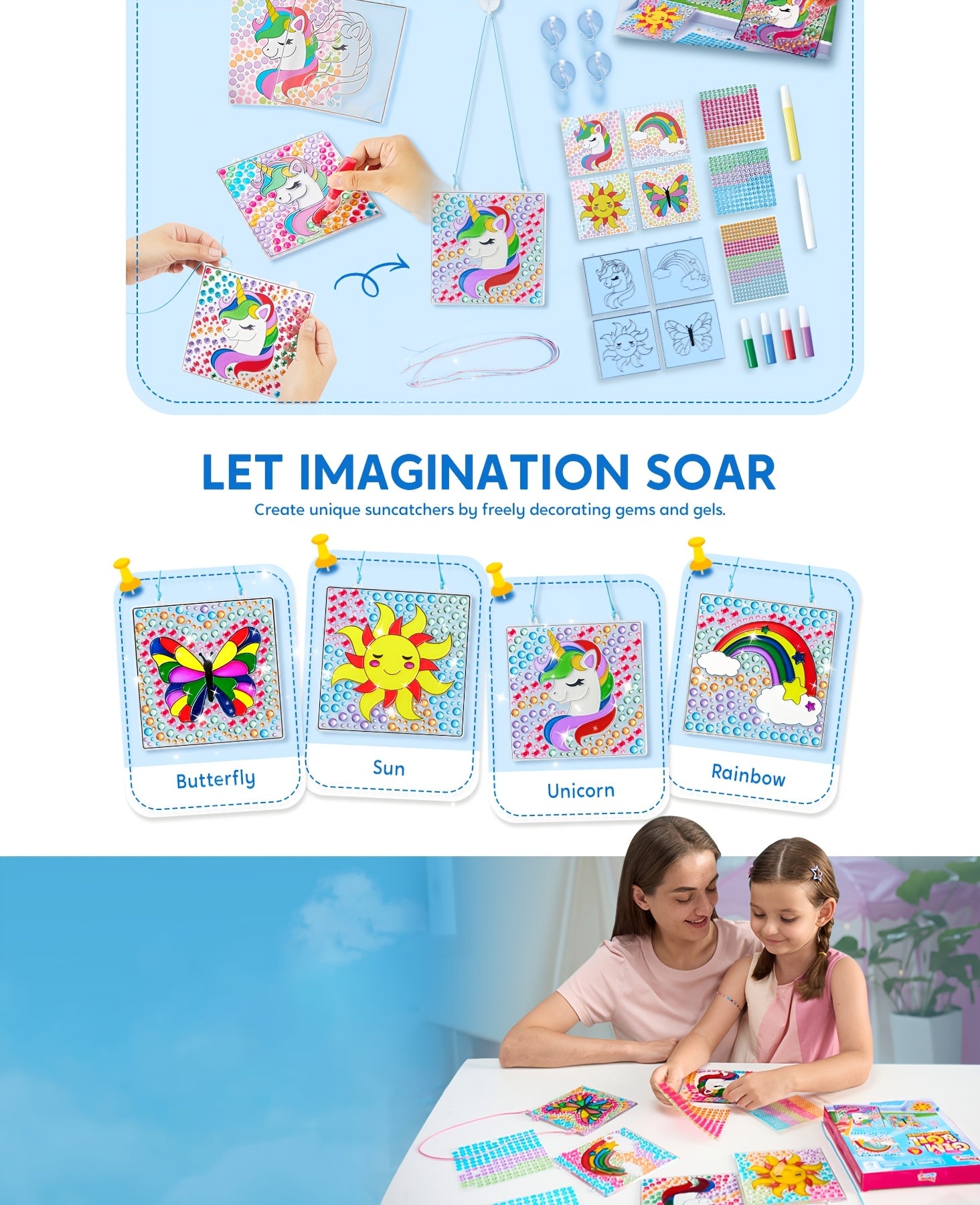 4-Piece Suncatcher Painting Kit 2-in-1 Gem Stickers and Window Paint Pens Butterfly Unicorn Rainbow Sun Designs Arts Crafts Gift for Girls Boys Ages 6 Plus
