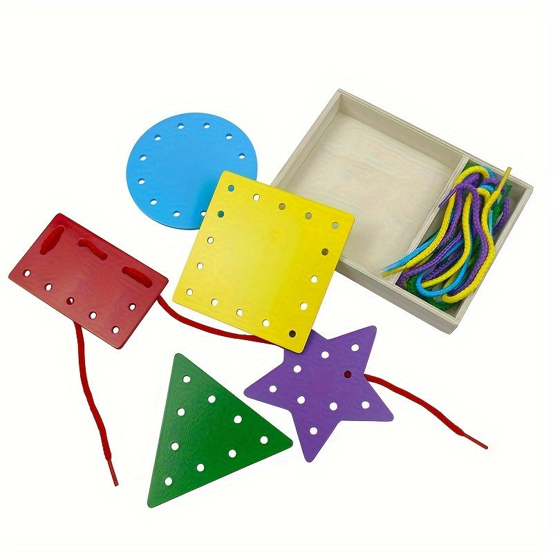 Wooden Lacing Cards for Toddlers – 5-Piece Double-Sided Shape Threading Toy Set in Box, Montessori Fine Motor Skill Activity Toy for Kids Ages 2+