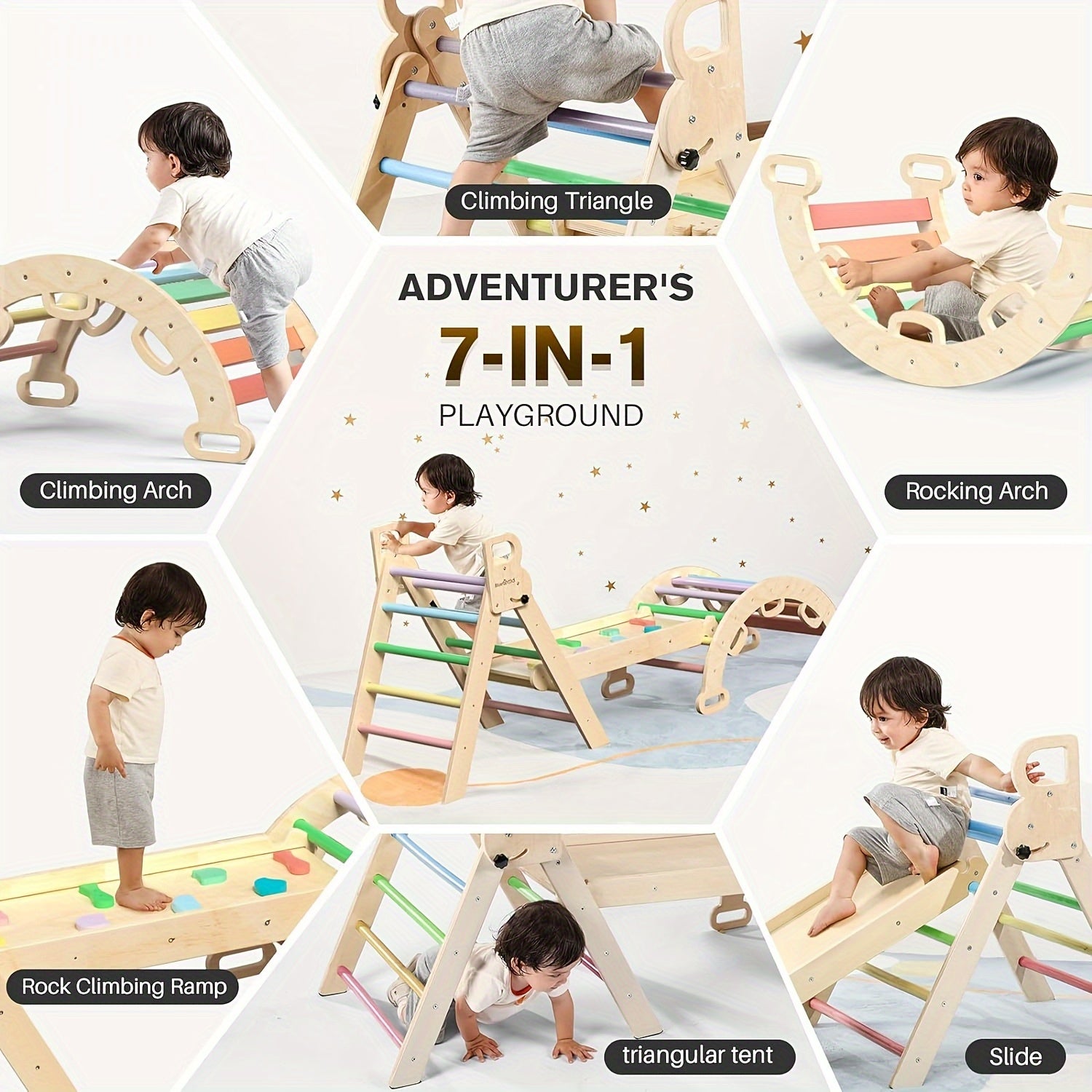 Pikler Triangle 8-in-1 Foldable Wooden Climbing Set Toddlers Indoor Jungle Gym with Slide Arch Rocker Montessori Toy Ages 1 2 3 4 5 Birthday Christmas Gift