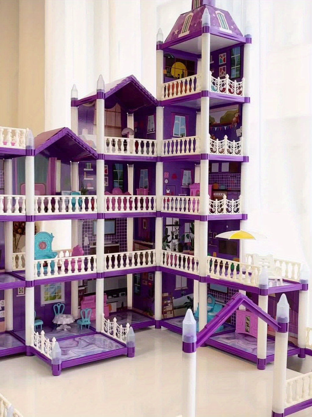 Dollhouse for Girls Ages 3-10 with Doll Figures Puppies Furniture Accessories LED Light - 6 to 16 Room Purple Playhouse, Imaginative Pretend Play Toy, Birthday Christmas Easter Gift for Girls