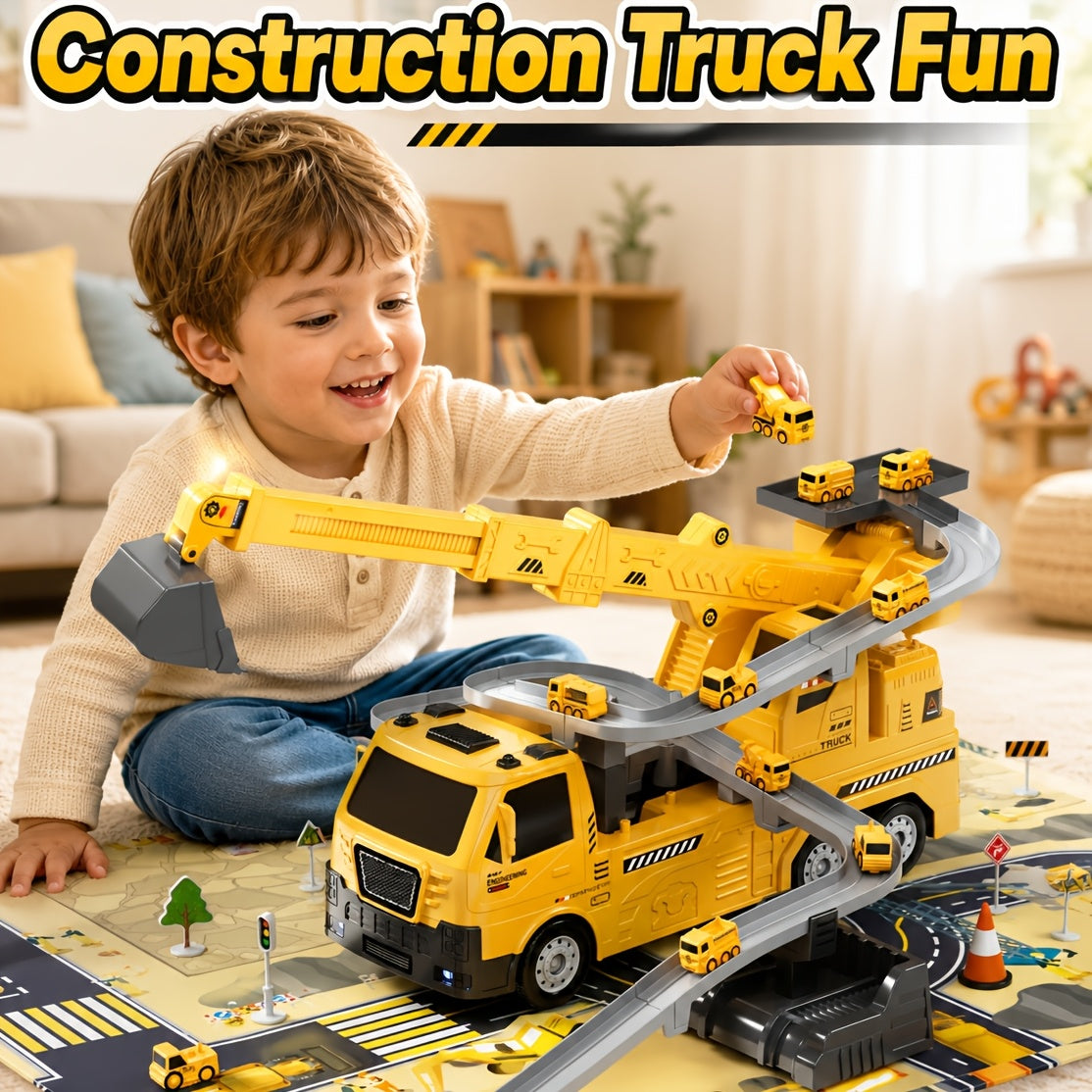 3-in-1 Construction Vehicle Toy Set Crane Excavator Racing Track with 8 Cars Lights Sounds STEM Playset for Kids Boys Girls Toddlers Ages 3+ Birthday Christmas Gift