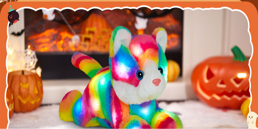 Musical Glowing Rainbow Cat Stuffed Animal - Soft Plush Cat Toy with Colorful LED Lights & Sound, Cute Kawaii Cat Plushie for Playtime Birthday New Year Party Decoration Gift